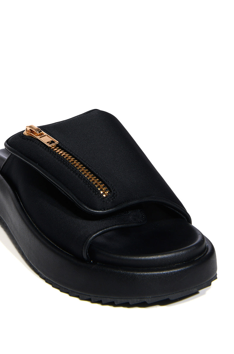 AZALEA WANG CALICO FLAT SLIP ON SANDAL IN BLACK