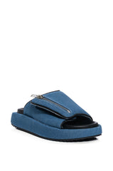 AZALEA WANG CALICO FLAT SLIP ON SANDAL IN BLUE DENIM