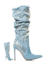 AZALEA WANG CARSYN DISTRESSED DENIM BOOT WITH GEM EMBELLISHMENT