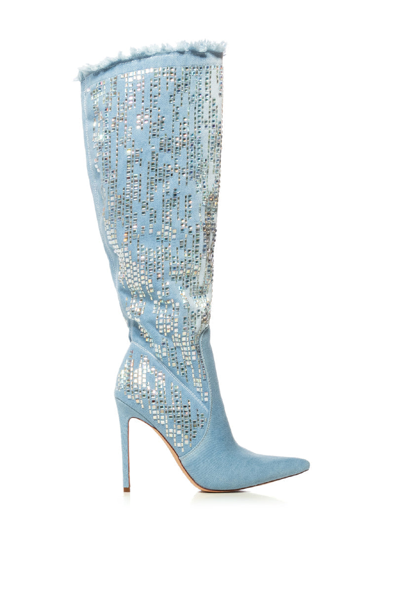 AZALEA WANG CARSYN DISTRESSED DENIM BOOT WITH GEM EMBELLISHMENT
