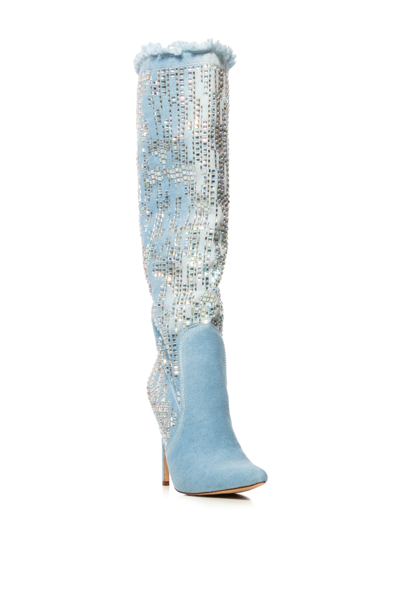 AZALEA WANG CARSYN DISTRESSED DENIM BOOT WITH GEM EMBELLISHMENT