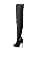 AZALEA WANG CLOVER THIGH HIGH OPEN TOE BOOT IN BLACK STRETCH