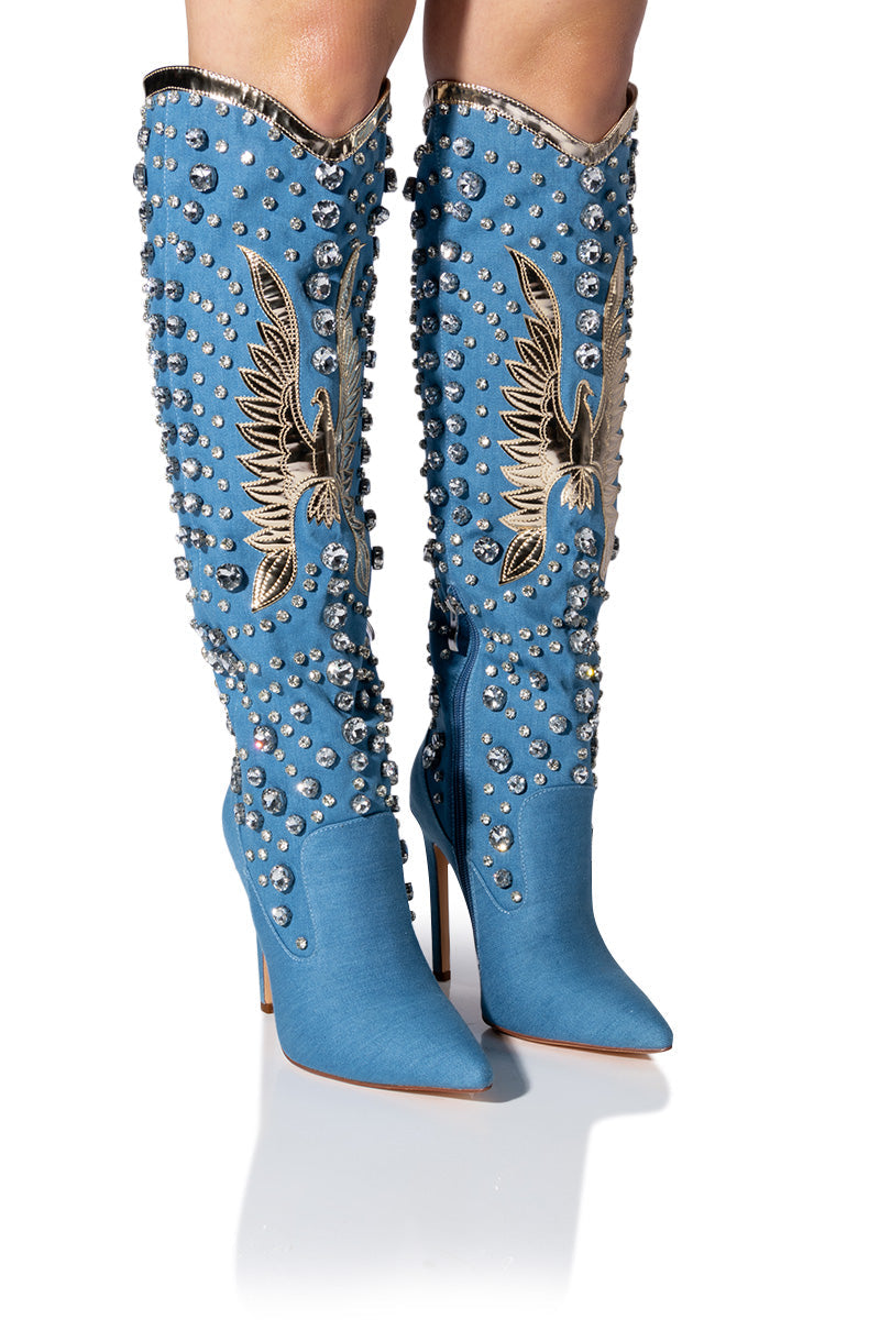AZALEA WANG ZINNIA EMBELLISHED KNEE HIGH STILETTO BOOT IN DENIM
