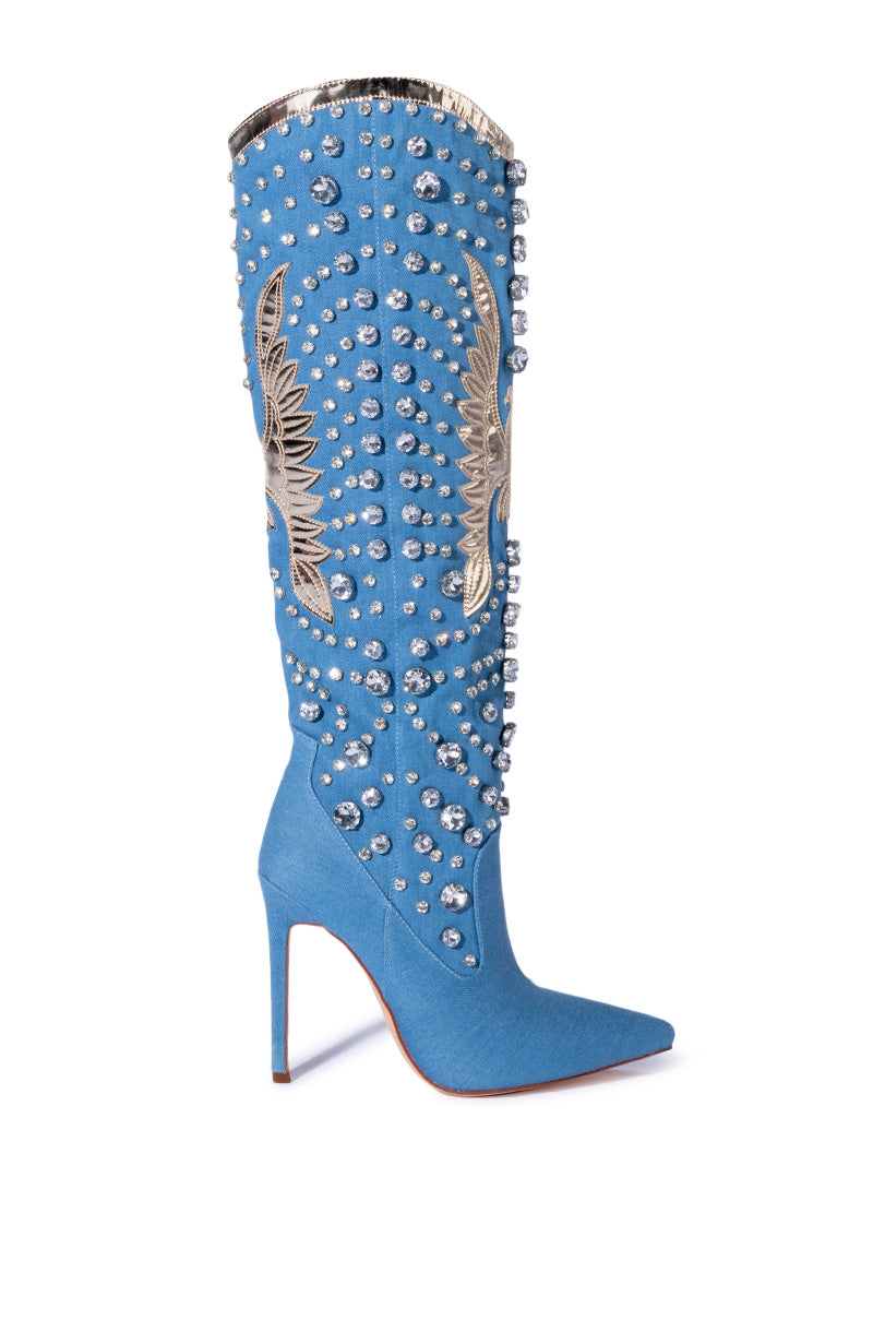 AZALEA WANG ZINNIA EMBELLISHED KNEE HIGH STILETTO BOOT IN DENIM