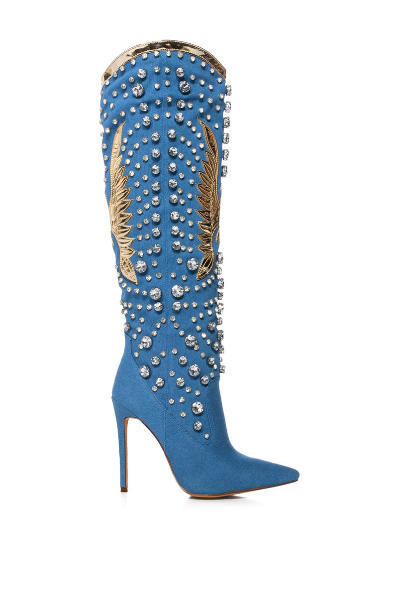 AZALEA WANG ZINNIA EMBELLISHED KNEE HIGH STILETTO BOOT IN DENIM