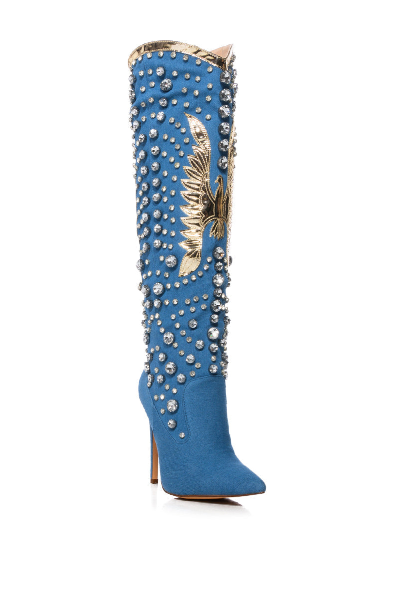 AZALEA WANG ZINNIA EMBELLISHED KNEE HIGH STILETTO BOOT IN DENIM
