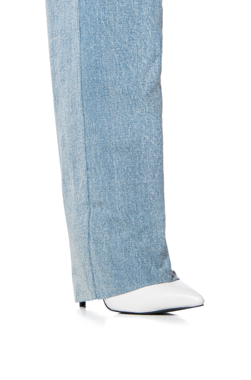AZALEA WANG ELORA KNEE HIGH FOLDOVER STILETTO BOOT IN DENIM