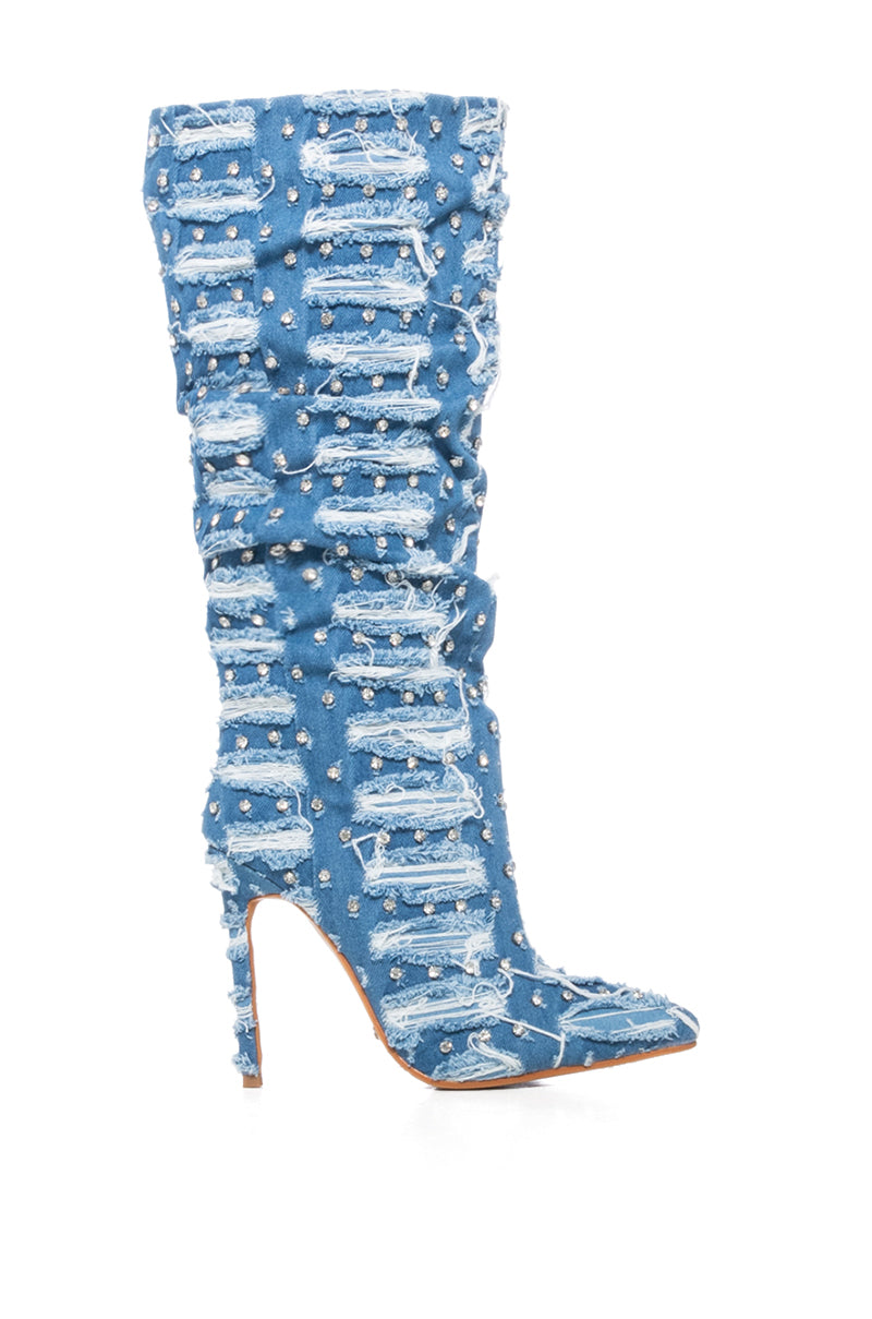 AZALEA WANG ENERGIZED DISTRESSED DENIM AND DIAMONDS BOOT