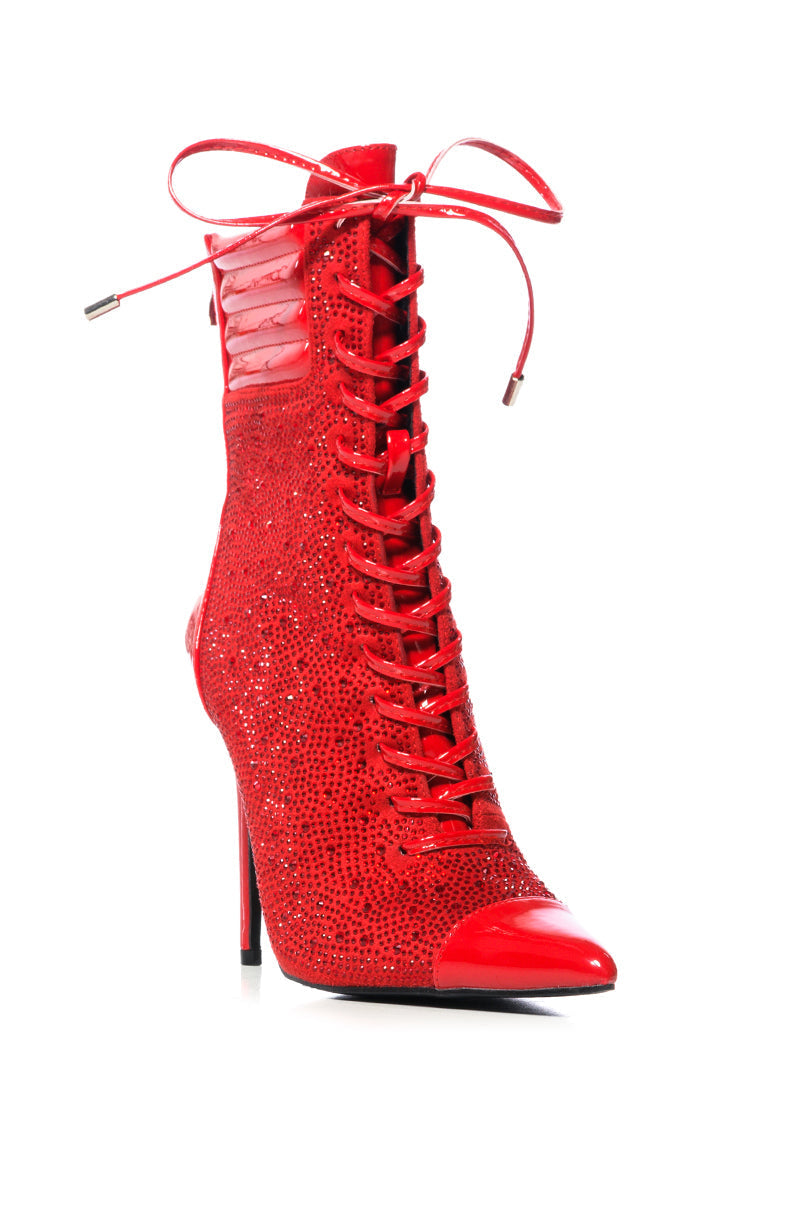 AZALEA WANG FIREFLAME EMBELLISHED BOOTIE IN RED
