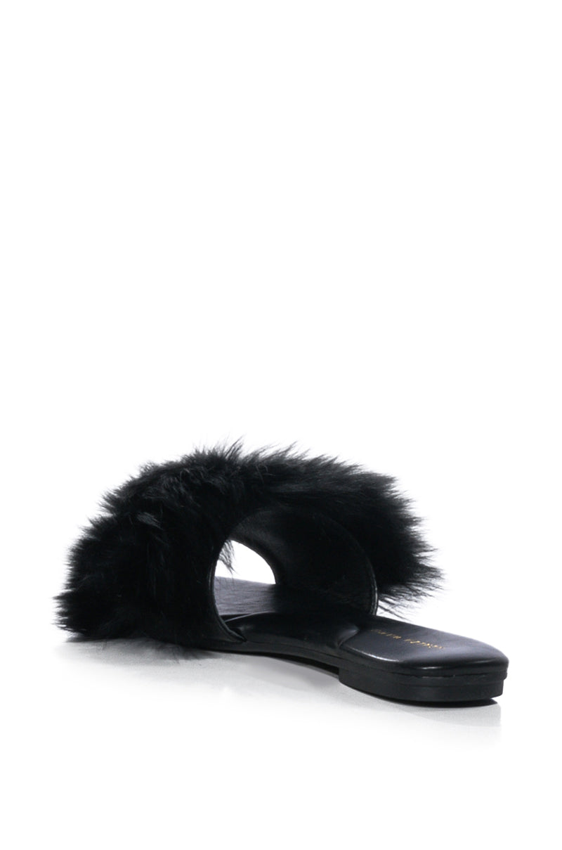 AZALEA WANG FOXY BASIC FUR FLAT SANDAL IN BLACK