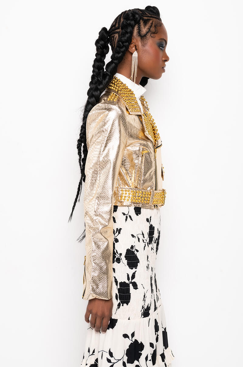 AZALEA WANG GOLD FINGER STUDDED MOTO JACKET