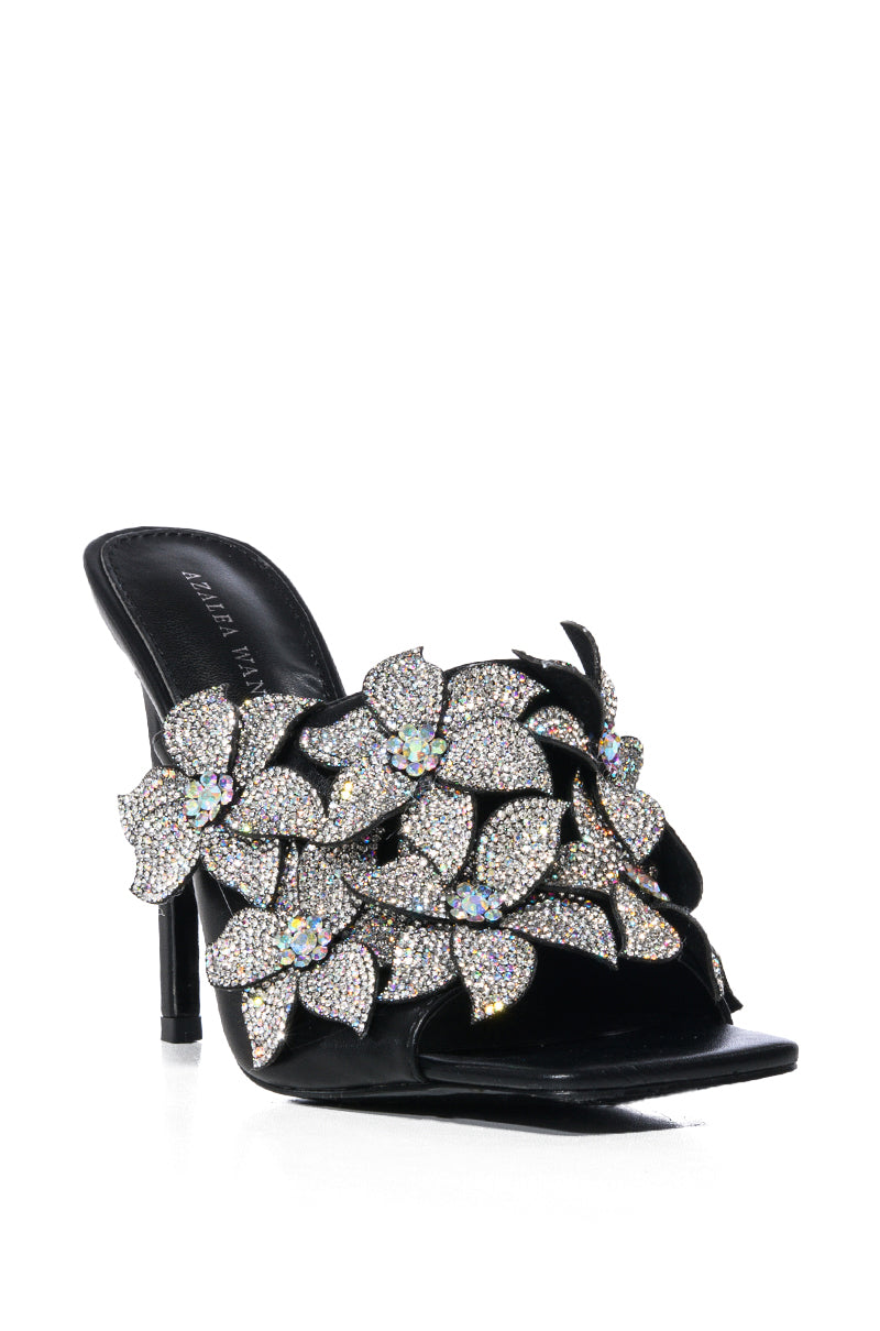 AZALEA WANG LENA EMBELLISHED FLOWER SLIP ON SANDAL IN BLACK