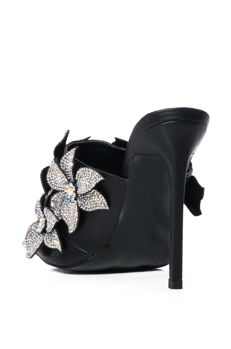AZALEA WANG LENA EMBELLISHED FLOWER SLIP ON SANDAL IN BLACK