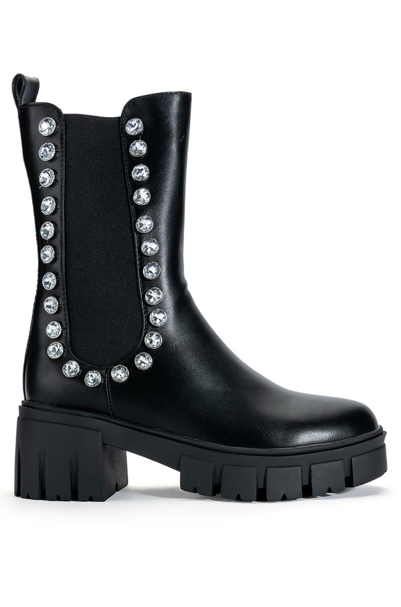 AZALEA WANG LINCOLN RHINESTONE FLATFORM BOOTIE IN BLACK
