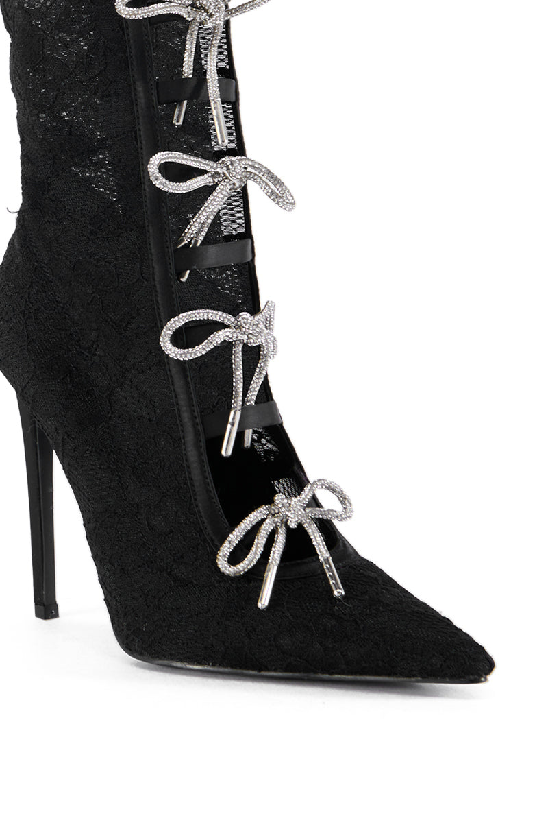 AZALEA WANG NAZANIN BLACK LACE BOOTIE WITH RHINESTONE BOWS