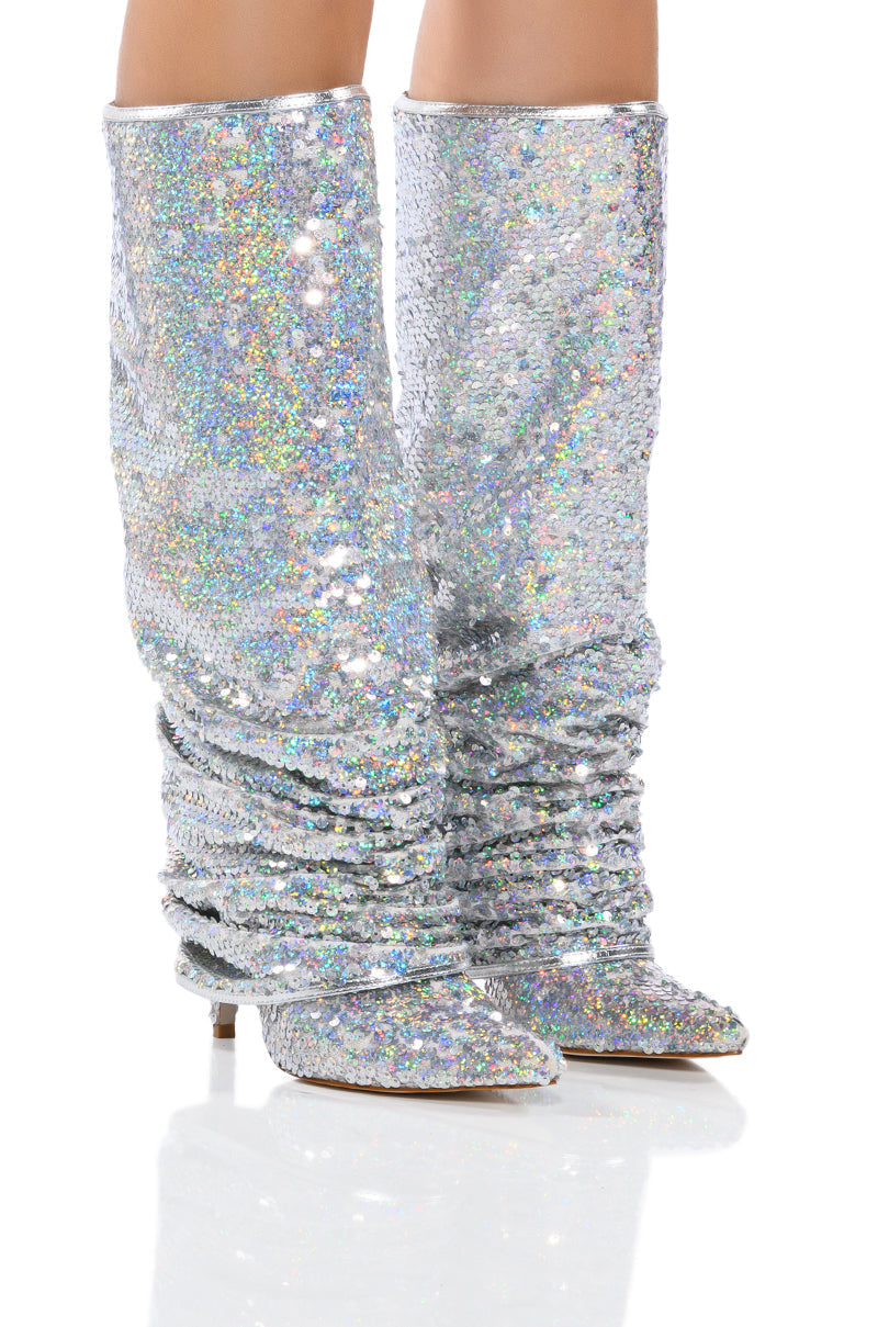 AZALEA WANG NEBULA SEQUIN EMBELLISHED BOOT IN SILVER