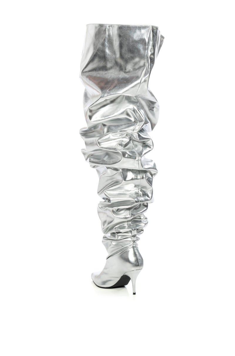 AZALEA WANG NEMY SILVER KITTEN HEEL THIGH HIGH BOOT
