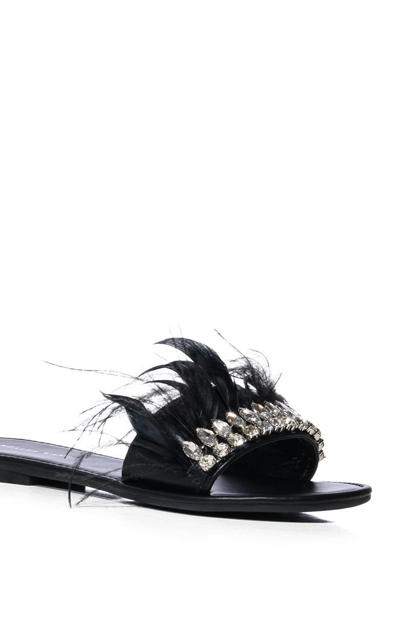 AZALEA WANG FEATHER FLAT SANDAL IN BLACK