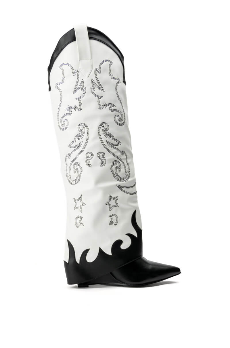 AZALEA WANG OUTLAND WESTERN WEDGE BOOT IN BLACK WHITE