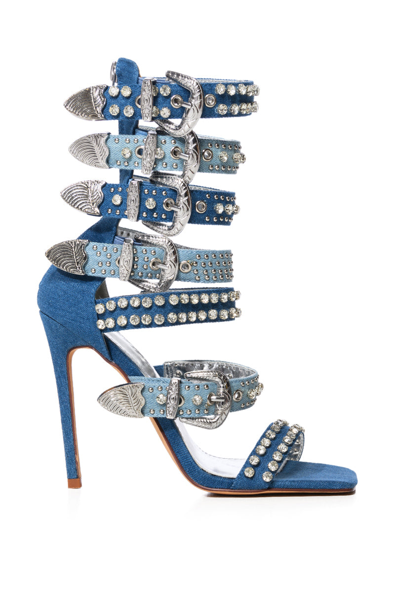 AZALEA WANG PEPPERMINT BUCKLE GLADIATOR SANDAL IN DENIM