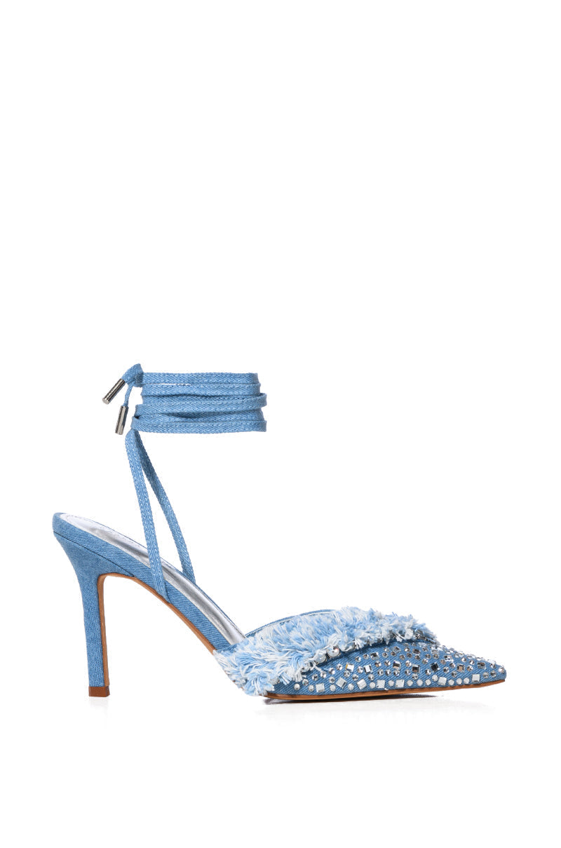 AZALEA WANG RAINI STRAPPY EMBELLISHED PUMP IN DENIM