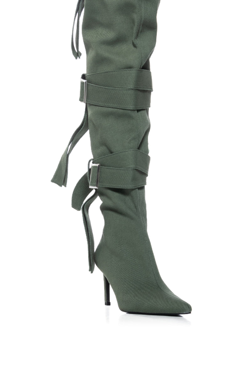 AZALEA WANG RICHMOND STRAPPY UTILITY THIGH HIGH BOOT IN GREEN