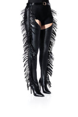 AZALEA WANG RIDE AT DAWN BELTED THIGH HIGH STILETTO FRINGE CHAP BOOT WITH 4 WAY STRETCH