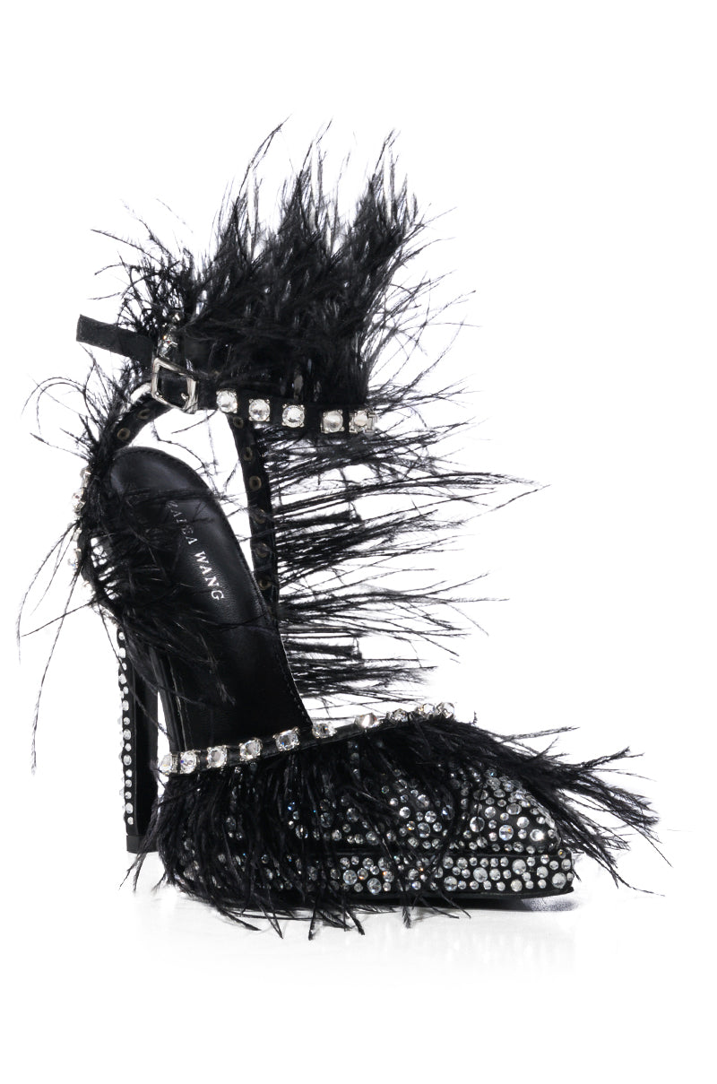 AZALEA WANG SEINE BLACK FEATHER AND DIAMOND EMBELLISHED PUMP