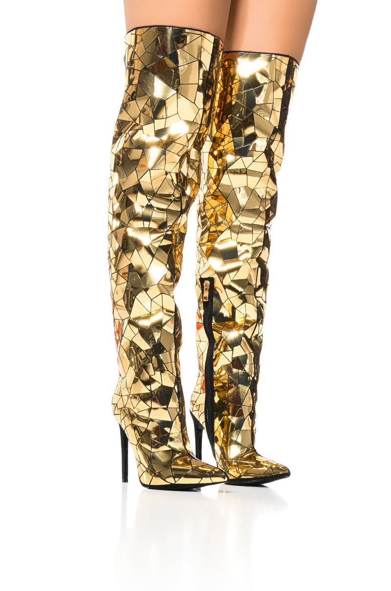 AZALEA WANG SHATTERED METALLIC STILETTO BOOT IN GOLD