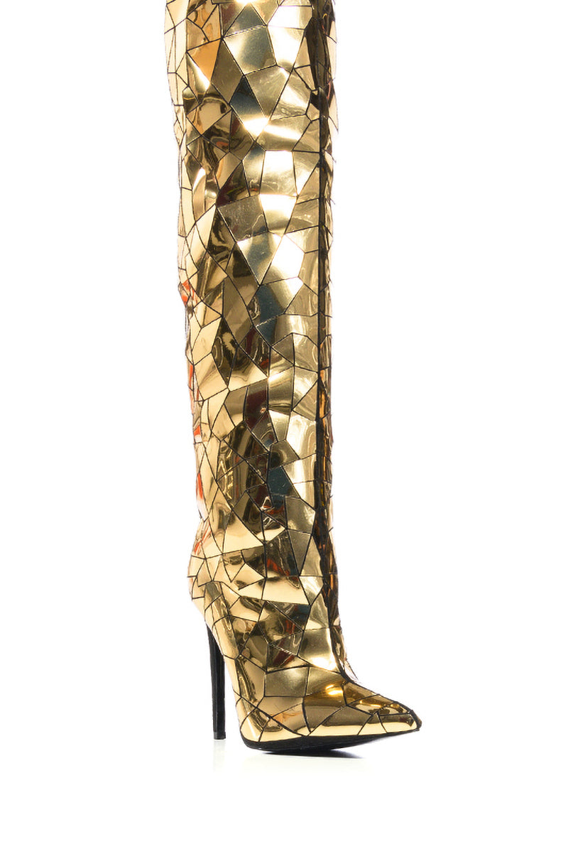 AZALEA WANG SHATTERED METALLIC STILETTO BOOT IN GOLD