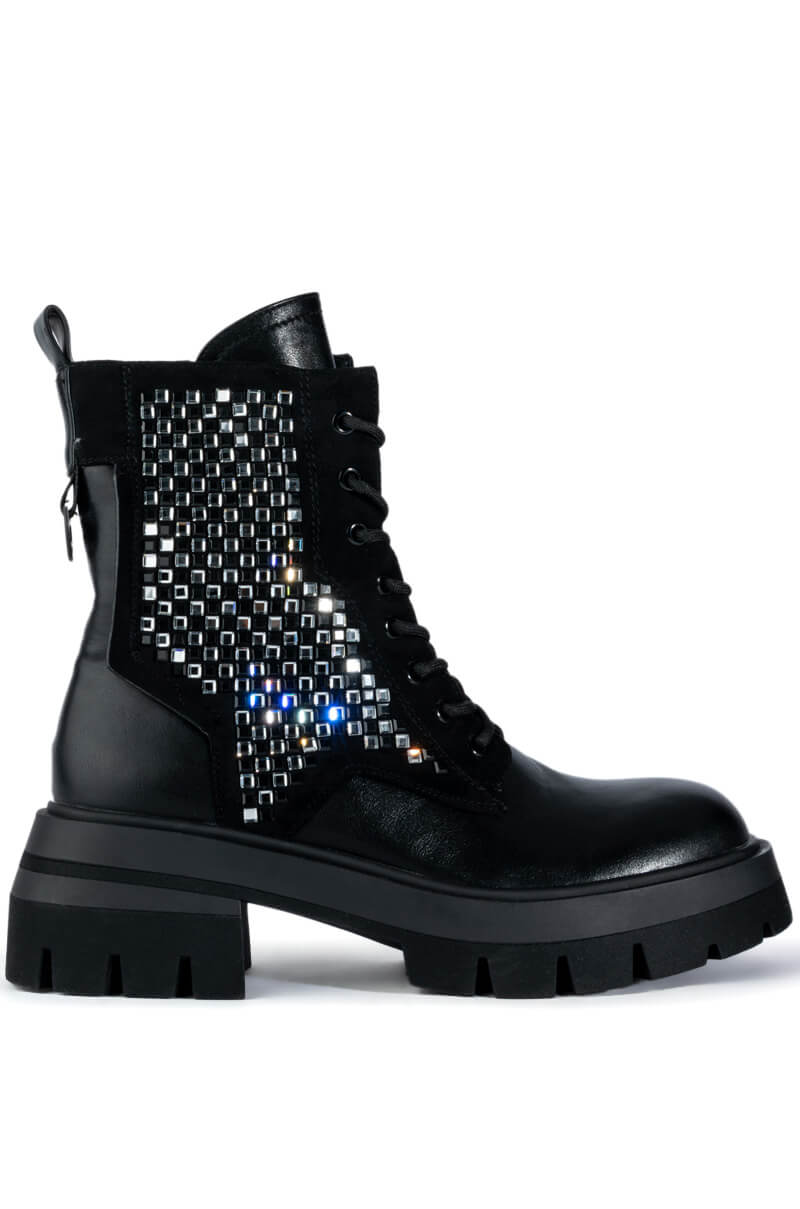 AZALEA WANG PHOEBE FLATFORM BLING COMBAT BOOT IN BLACK