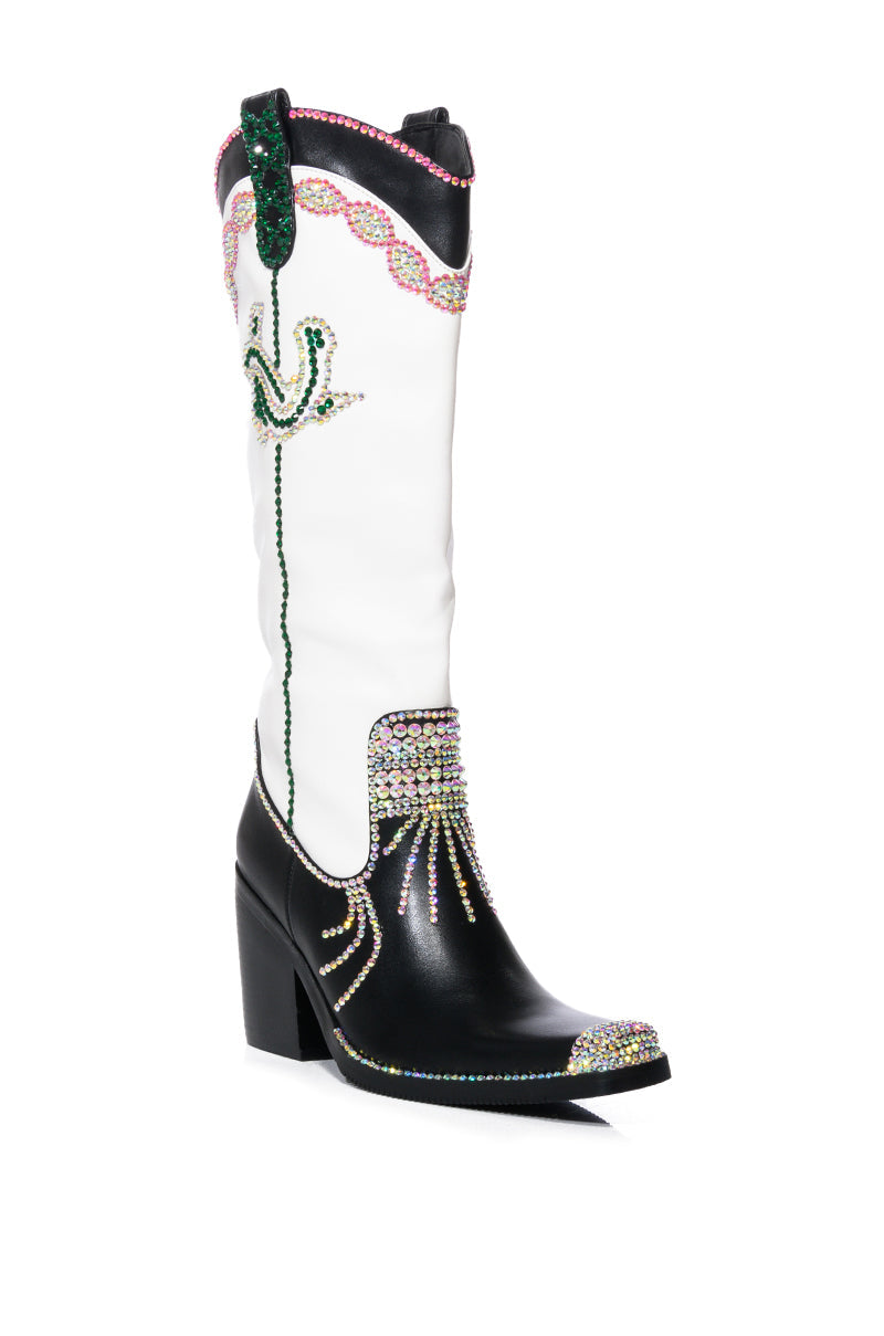 AZALEA WANG PALM BLACK AND WHITE PU WESTERN BOOT