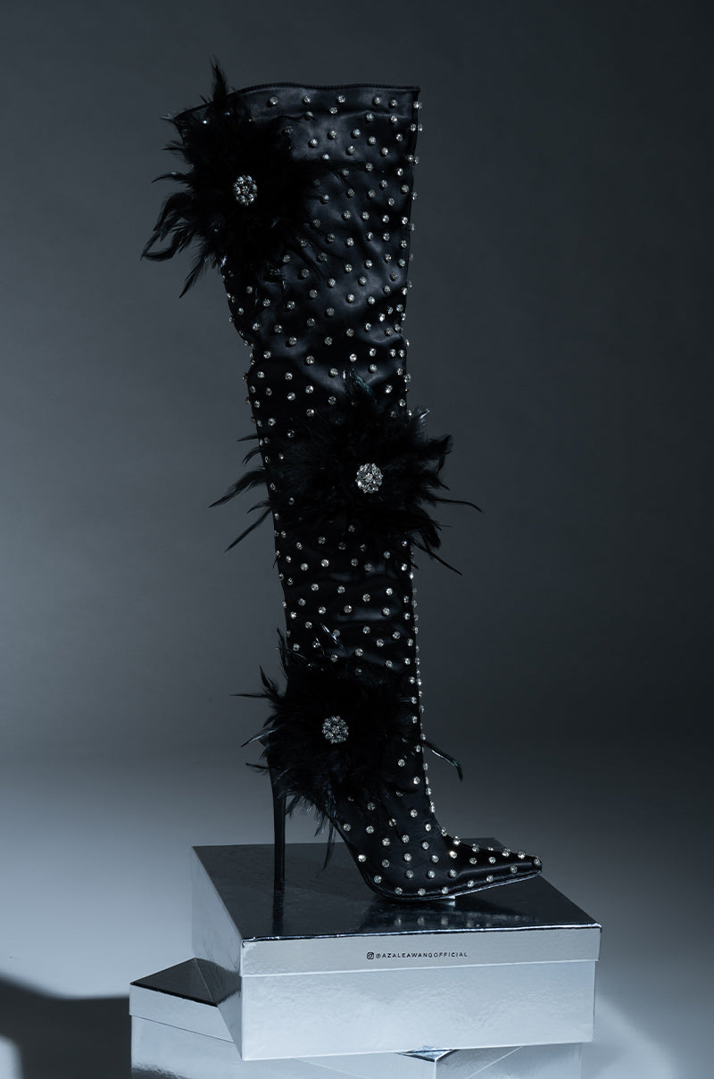AZALEA WANG TARYN BLACK SATIN FEATHER FLOWER THIGH HIGH BOOT