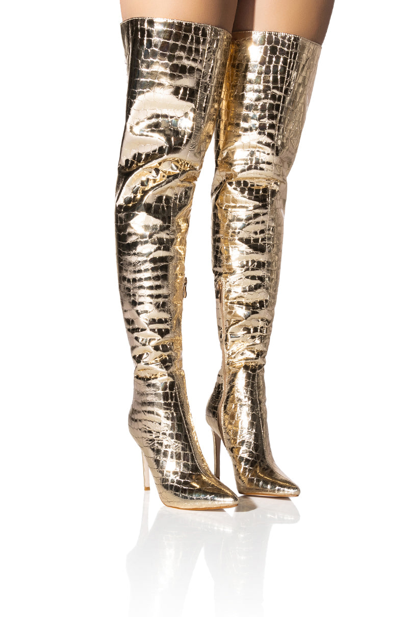 AZALEA WANG THRILLER OVER THE KNEE STILETTO BOOT IN GOLD