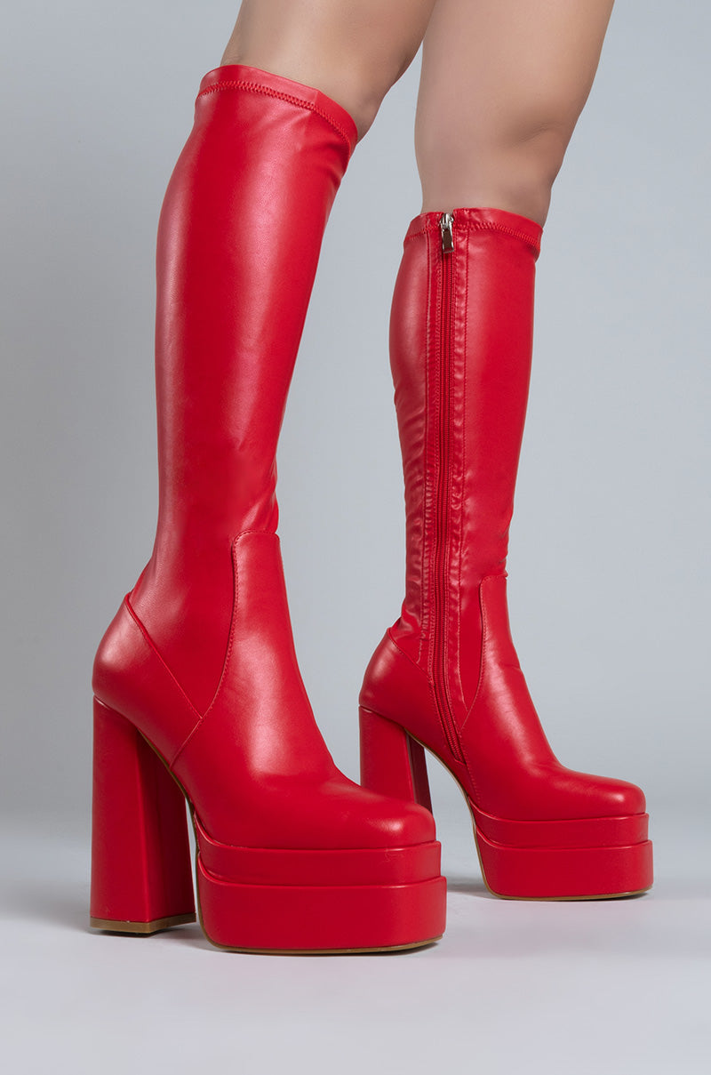 AZALEA WANG MAXINE STRETCH CHUNKY BOOT IN RED