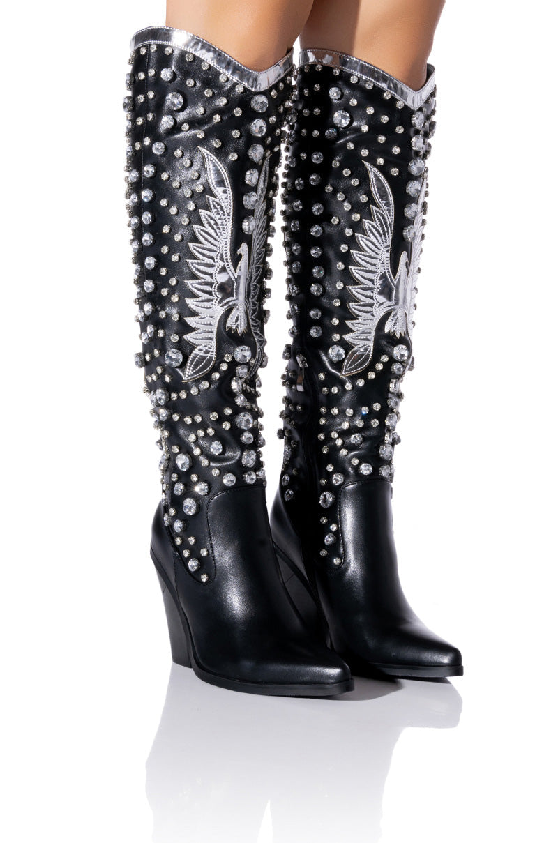 AZALEA WANG UPBEAT EMBELLISHED STILETTO BOOT IN BLACK