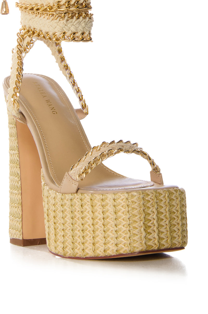 AZALEA WANG WYLIE BEIGE WITH GOLD CHAIN PLATFORM SANDAL