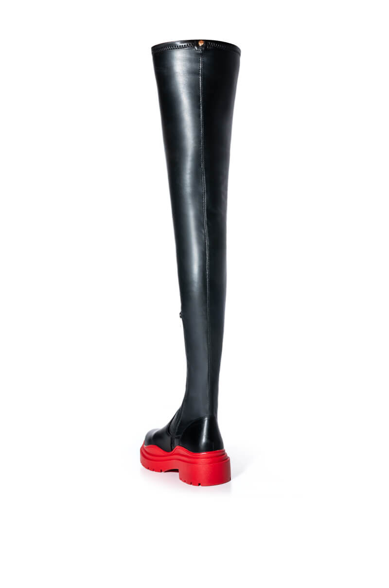 AZALEA WANG NAOMI THIGH HIGH STRETCH FLATFORM BOOT IN RED