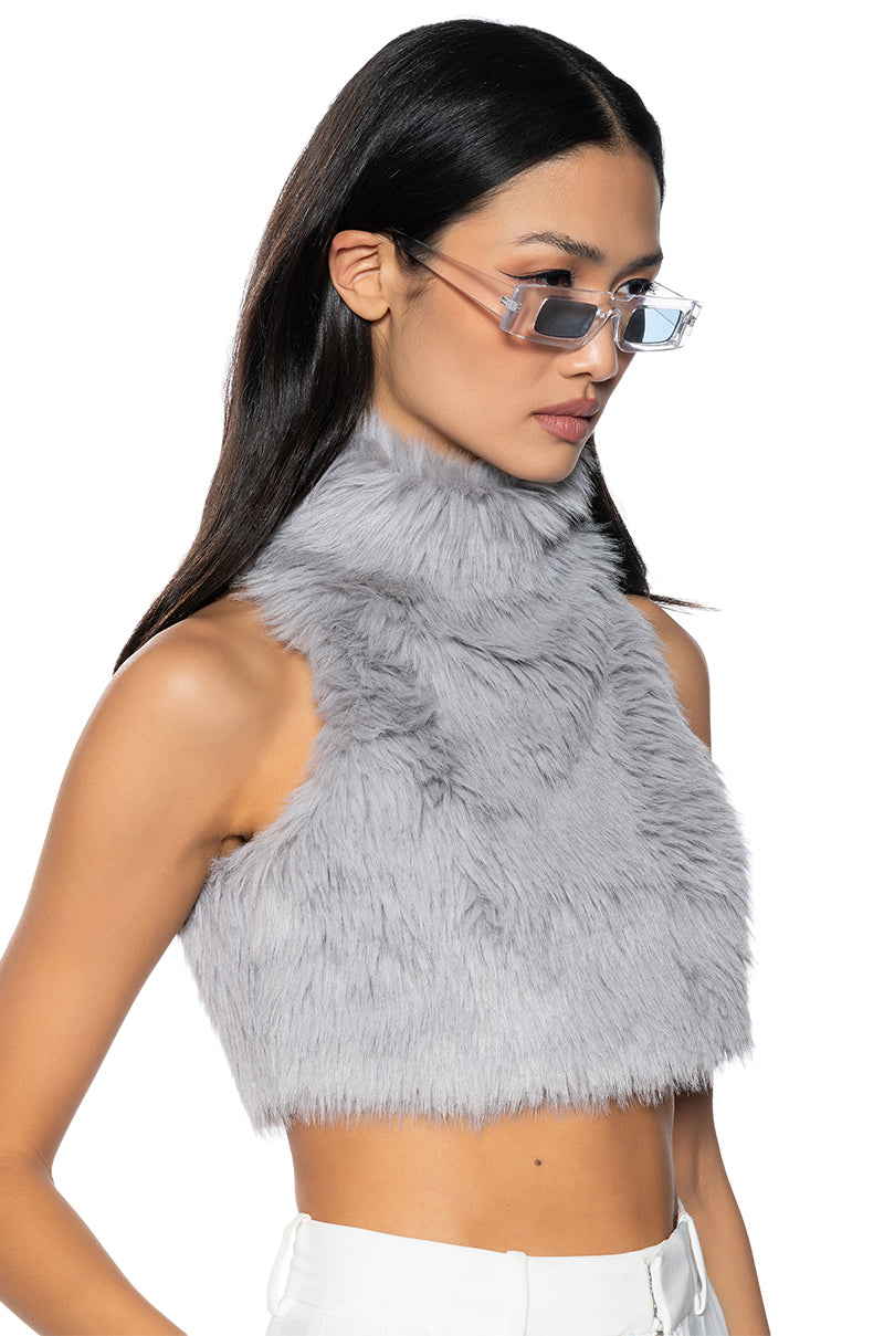 BAD GAL SLEEVELESS MOCK NECK FUR TOP