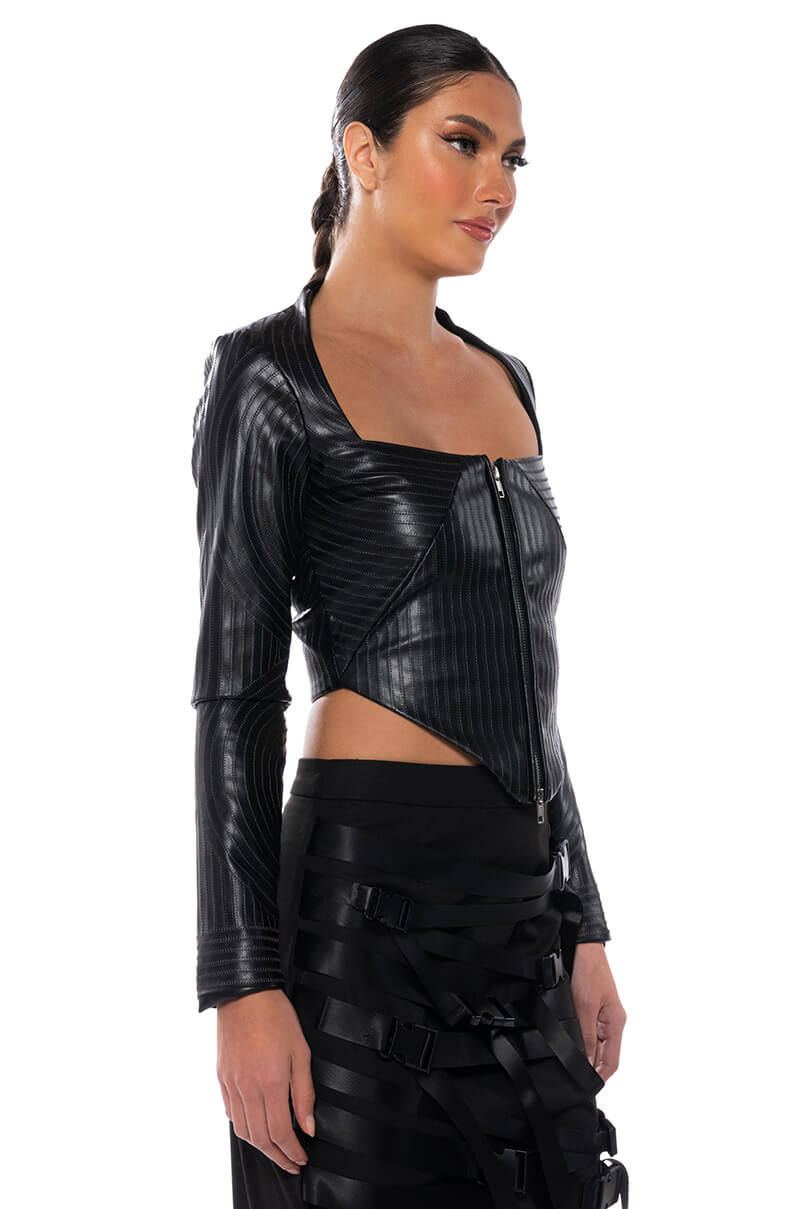 BADDIE FAUX LEATHER SQUARE NECK ZIP FRONT TOP