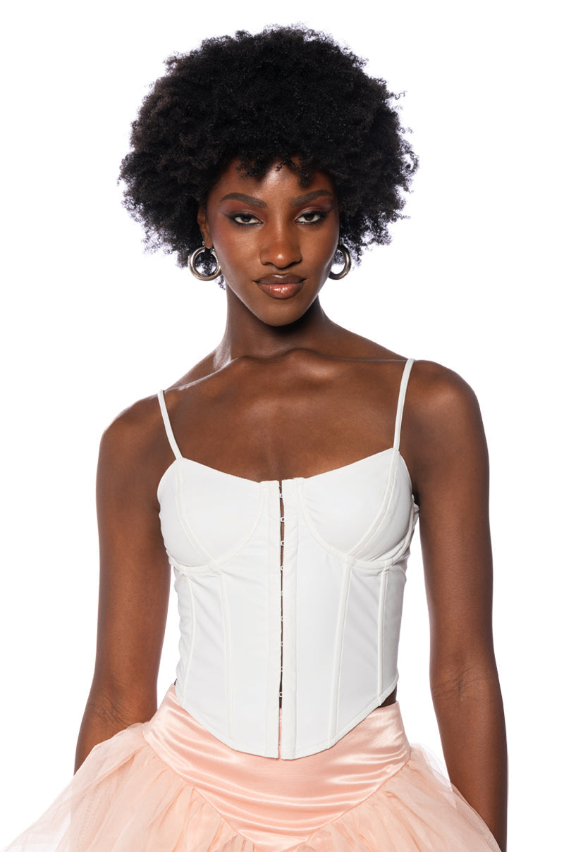 BE ABOUT IT SLEEVELESS FAUX LEATHER CORSET