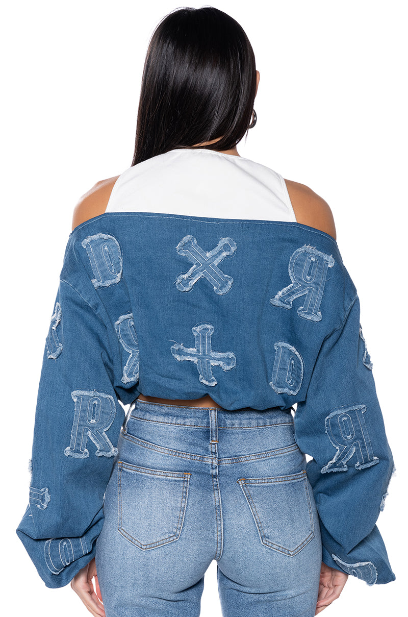 BE YOURSELF DENIM OFF THE SHOULDER SWEATSHIRT