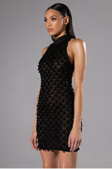BEAUTIFUL MISTAKES MOCK NECK LOW BACK BEADED MINI DRESS