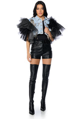 BEBE LUXE EMBELLISHED DENIM AND TULLE CROP VEST