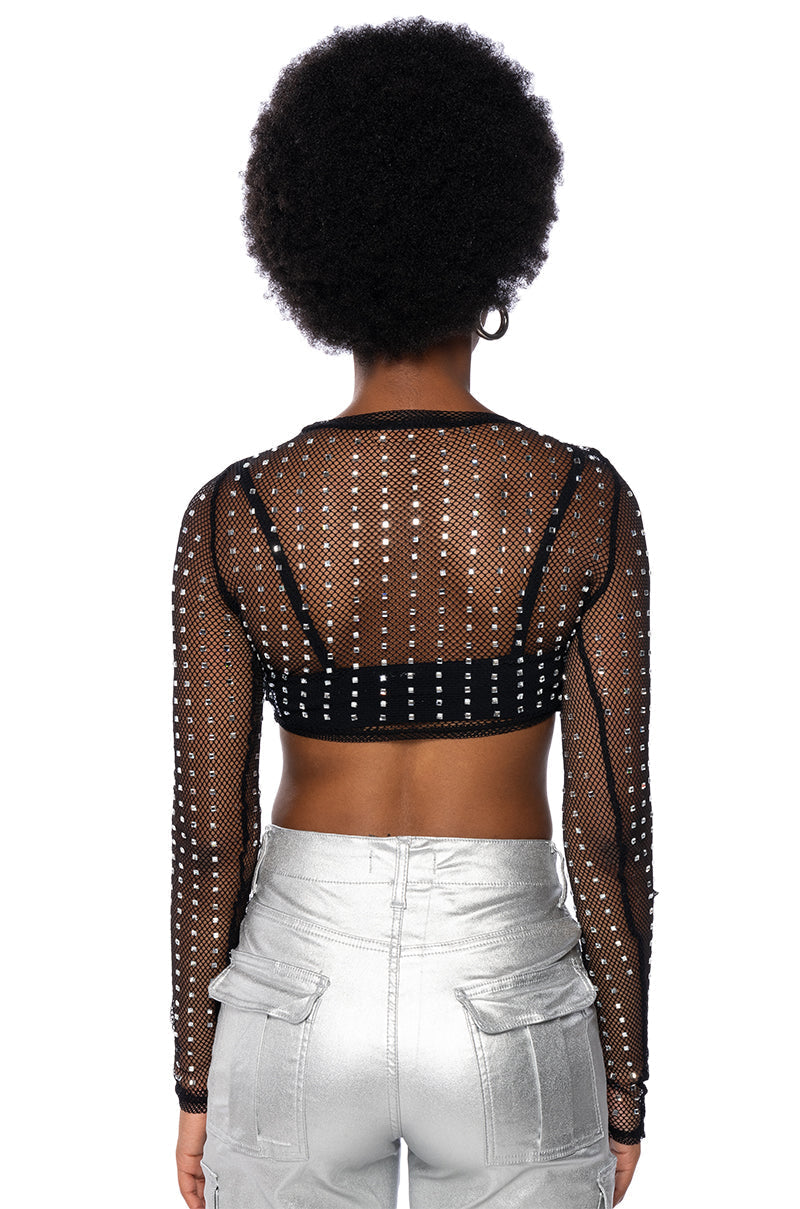BEJEWELED LONG SLEEVE MESH TOP