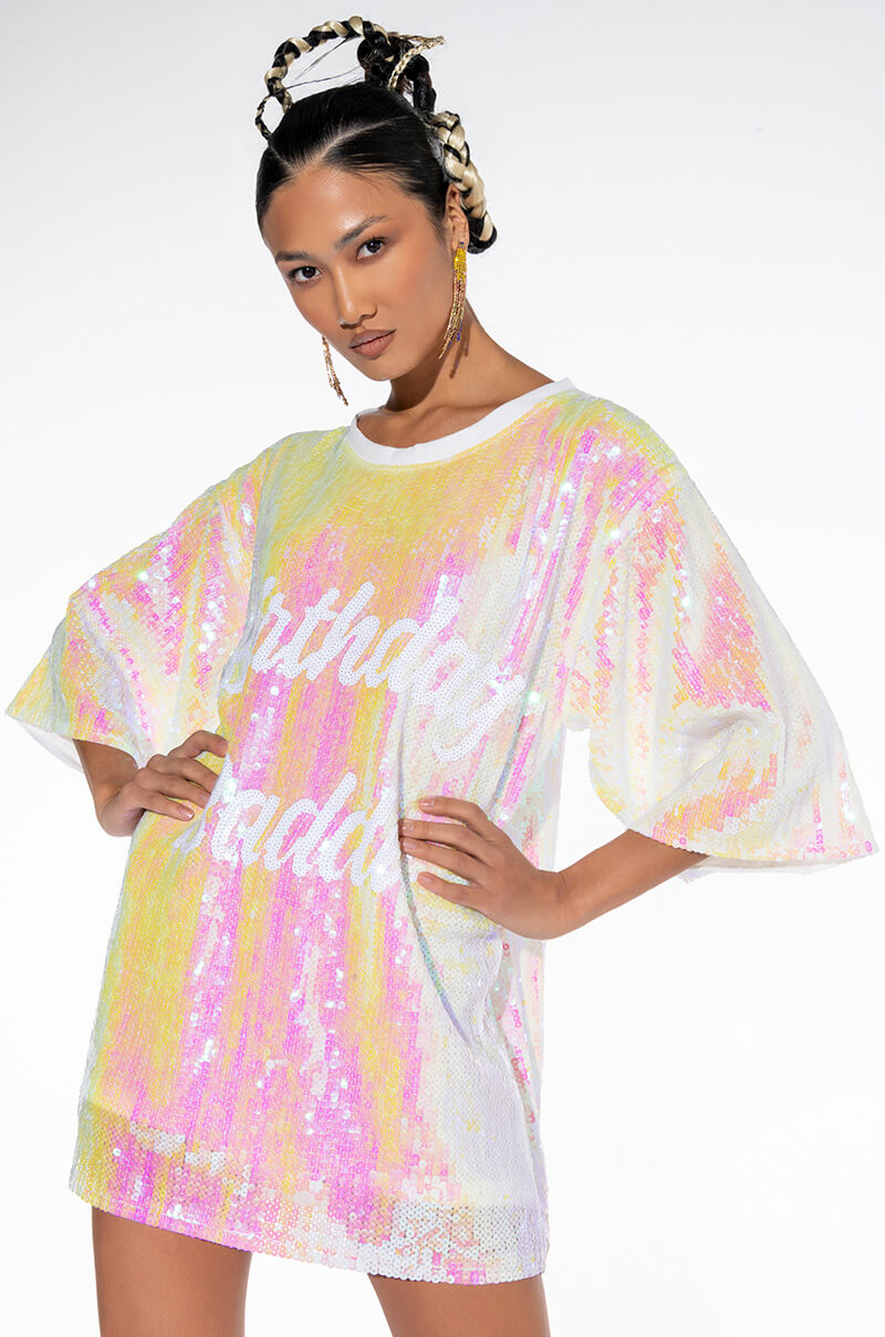 BIRTHDAY BADDIE SEQUIN T SHIRT DRESS