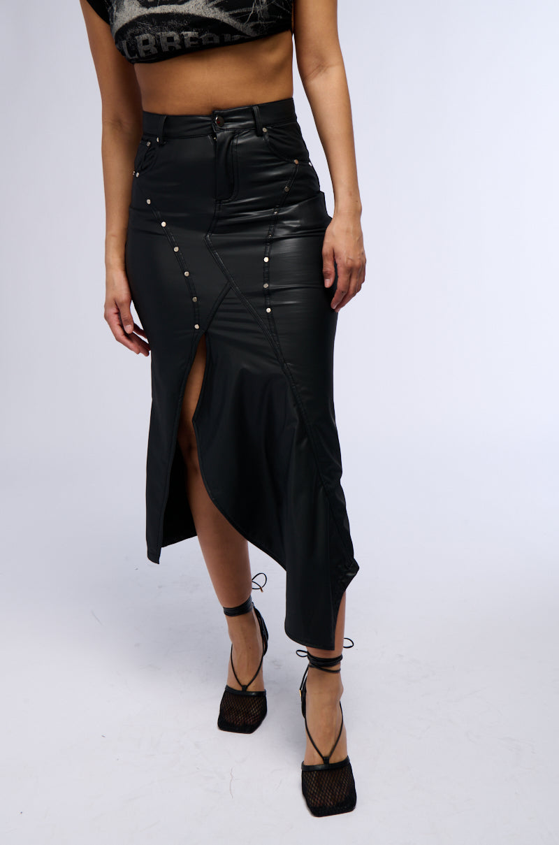 BITE ME ASYMMETRICAL FAUX LEATHER MIDI SKIRT