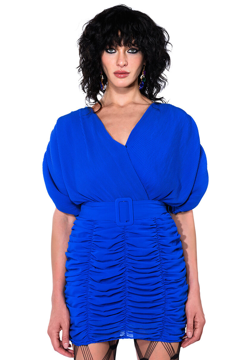 BLISS RUCHED CROSS FRONT SHORT SLEEVE MINI DRESS