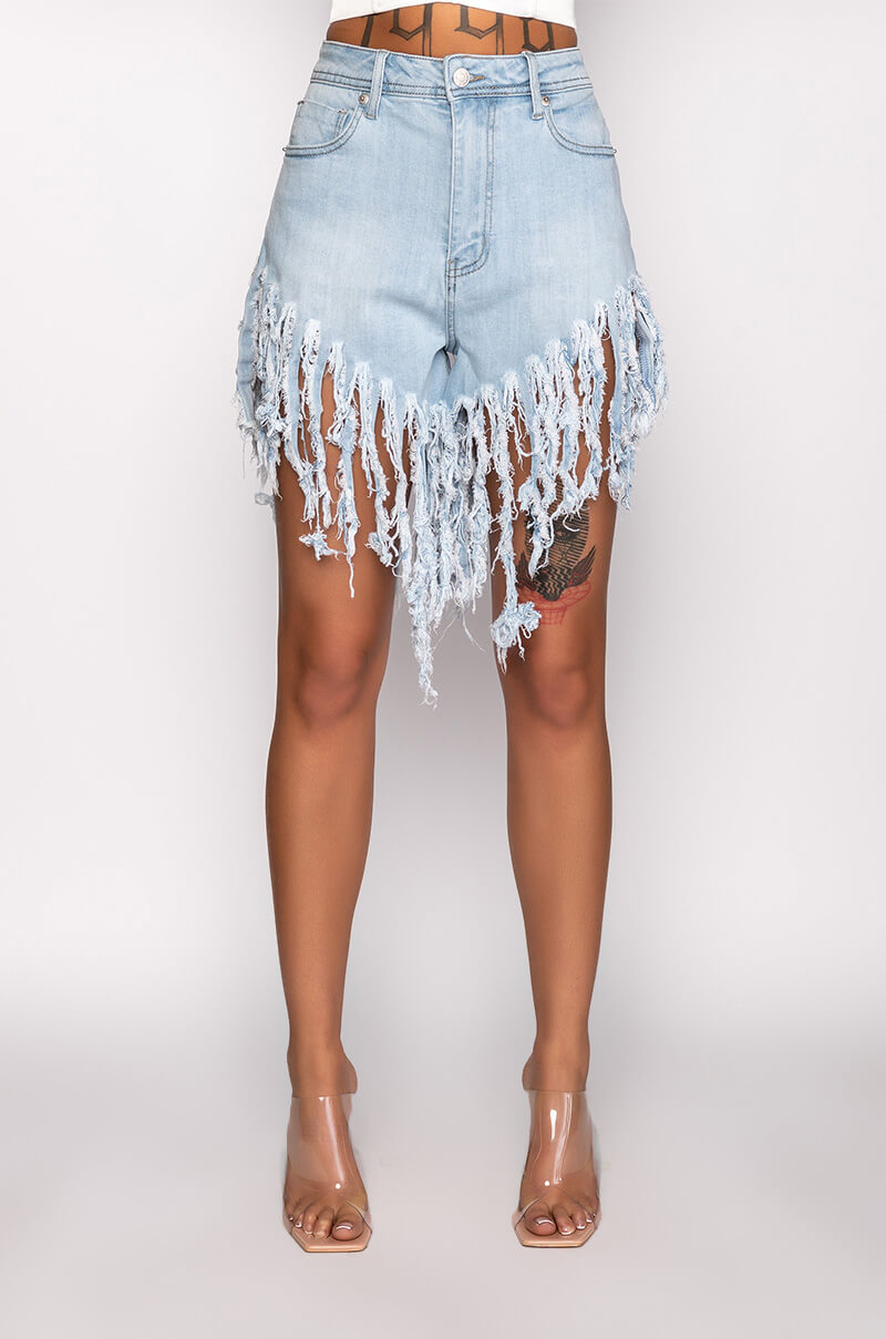 BLUE LAGOON SUPER SHREDDED FRINGE DENIM SHORT