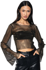 BLURRED LOVE LONG SLEEVE RHINESTONE TOP IN BLACK